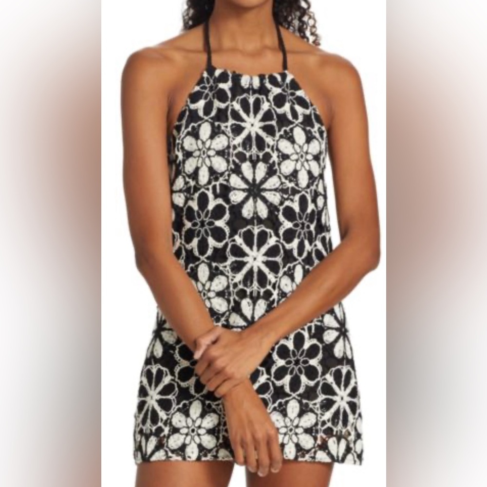 Ramy Brook Black and White Floral Crochet Mini Dress